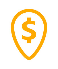 dollar currency symbol in pin point for icon, coin dollar money yellow orange, dollar money symbol in pointer pin shape, dollar currency coin for button info graphics flat simple, isolated on white