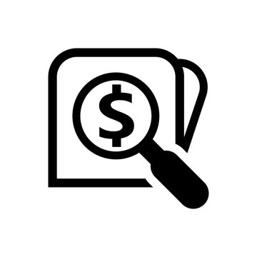 magnifying glass with dollar currency money for search icon, find button dollar money flat simple with magnifying glass, research icon and wallet symbol, dollar token money in search symbol for app