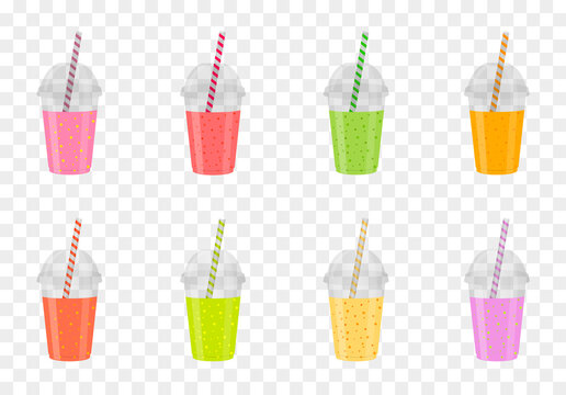 Set of fruit smoothies in plastic glasses. Healthy fresh juice. Menu drinks. Vector