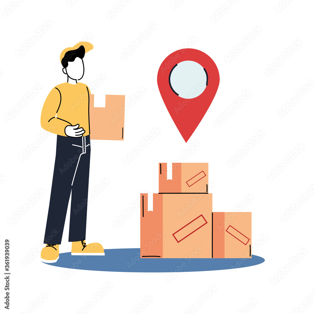 Poster delivery man with boxes and gps mark vector design