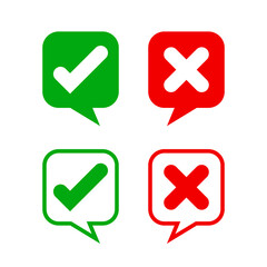 check mark sign in speech bubble square isolated on white, checkmark yes or no vote in speech box symbol, correct choice x or confirm and deny icon, cross or right for question, label talk ok and deny