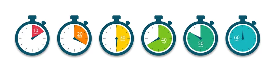 Foto op Canvas Set of timer. Stopwatch icons. Countdown 10.20,30,40,50,60 minutes. Vector © Anya