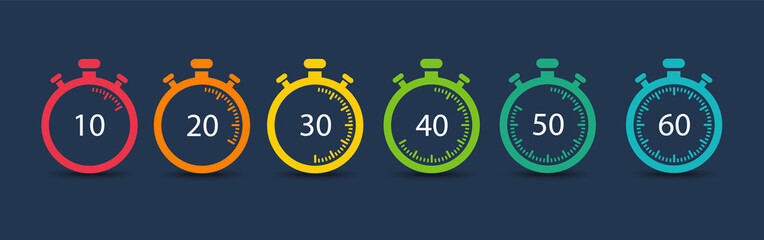 Timer. Stopwatch. Countdown 10.20,30,40,50,60 minutes. Vector icons - obrazy, fototapety, plakaty