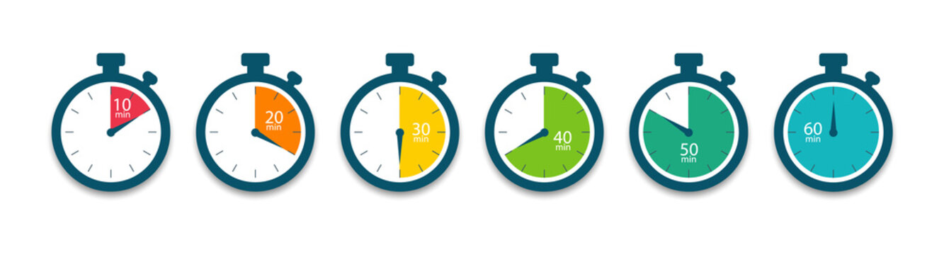 Set of timer. Stopwatch icons. Countdown 10.20,30,40,50,60 minutes. Vector