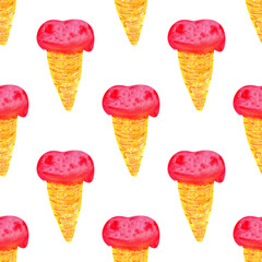 berry ice cream cone watercolor seamless pattern on a white background