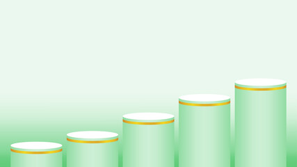 pedestal cylinder circle green pastel color for cosmetics showcase, podium circle stage green soft color, platform 5 steps and advertising copy space, podium round five layers of product display