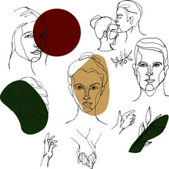set of vector  one line portraits with abstract shapes