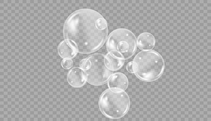 Realistic white water bubbles with reflection on transparent background. Vector illustration