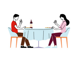 Woman and man sitting at restaurant table with wine vector design