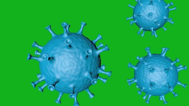 3D virus cells concept. Viral disease outbreak. Bacteria abstract background. Flying Covid virus cells. Realistic animation of virus on green screen on 4K
