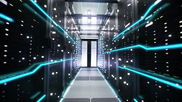 Power Running Through Data Center Server Racks Filling with Gigabyte Cubes of Information. Animated Concept of Visualization and Digitalization of Internet Traffic. Moving Camera Shot