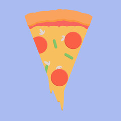 Slice of pepperoni pizza with champignons and bean pods, stretching cheese for a hearty dinner or breakfast