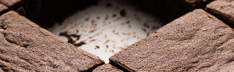 close up view of delicious brownie pieces on white background, panoramic shot