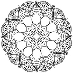 abstract vector with floral round lace mandala, decorative element in ethnic tribal style, black line art on a white background