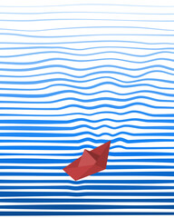 Origami paper boat sailing on water causing waves and ripples. Vector illustration.