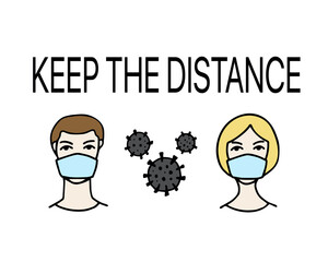 Man and woman wearing protective mask to prevent Wuhan infection.Novel coronavirus 2019-nCoV. Virus symbol.Cell microbe.†Prevention of covid. Global pandemic alert. Covid-19 outbreak.Keep the distance