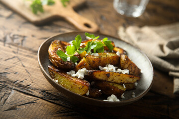 Roasted potato wedges with Feta cheese