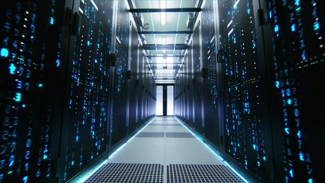 Data Center Matrix Style Numbers Raining in Server Racks. Animation Visualizing and Digitalizing Virtual Reality of Information, Data, Simulation, Quantum Super Computing, AI and Neural Networks