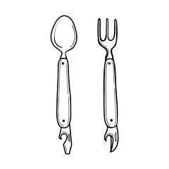 Fork and spoon tourist Hiking isolated on a white background. Doodle-style vector illustration. hand drawn