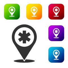 Black Medical map pointer with cross hospital icon isolated on white background. Set icons in color square buttons. Vector Illustration.