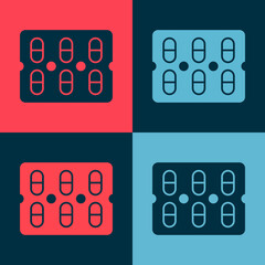 Pop art Pills in blister pack icon isolated on color background. Medical drug package for tablet, vitamin, antibiotic, aspirin. Vector Illustration.