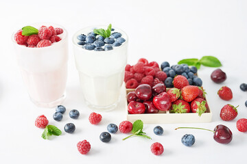 Yogurt cocktail and parfait. Natural detox. Liquid ice cream. Healthy food and breakfast. Good morning. Berry Milk Smoothie with blueberries, strawberries, raspberries. Fresh diet dessert. Summer card