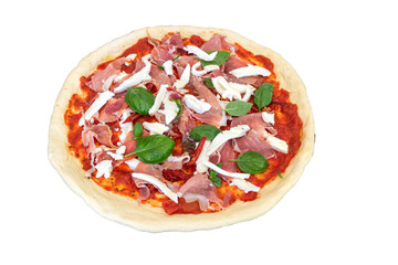 Top view of non -cooked pizza Italian dish mediterranean food with ham, basil and Rocket green leaves, mozzarella on top with clipping path.