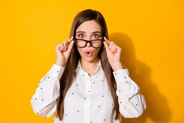 Portrait of astonished funky freelancer girl look incredible novelty impressed touch hands...