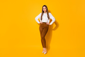 Full length photo of attractive nice pretty girl enjoy spring free time put hands waist wear blouse...