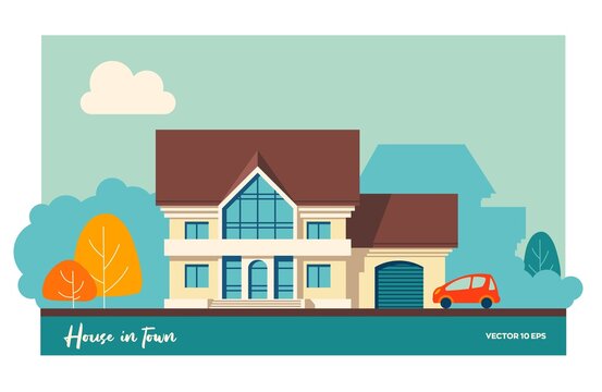House with garage and car. Vector illustration