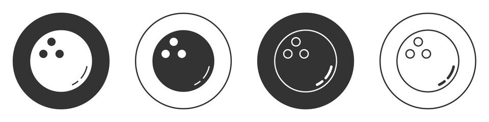 Black Bowling ball icon isolated on white background. Sport equipment. Circle button. Vector Illustration.