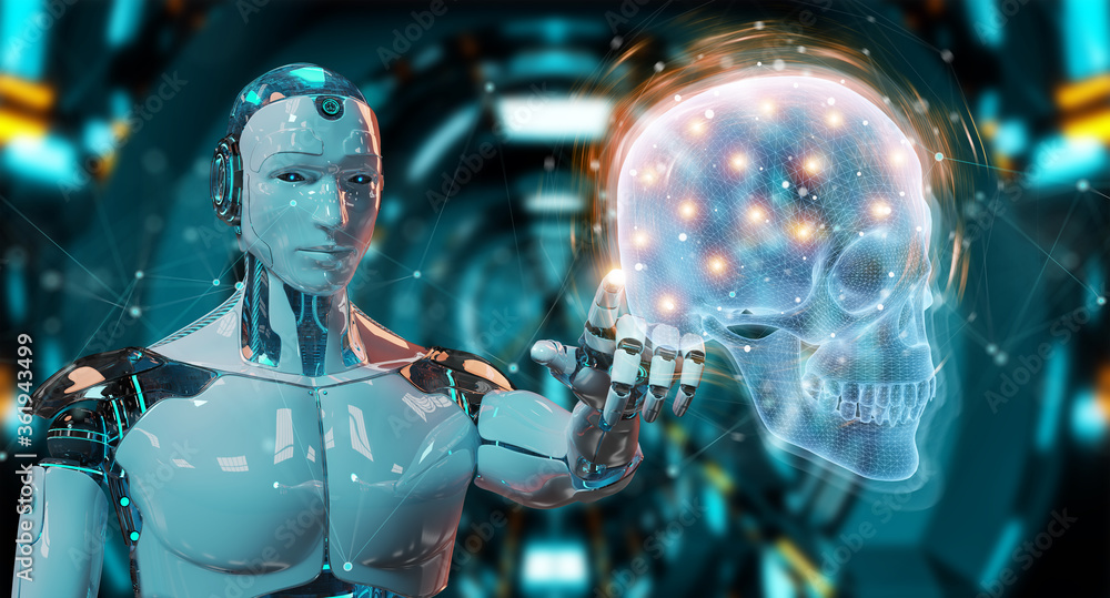 Poster Robot using digital x-ray skull holographic scan projection 3D rendering