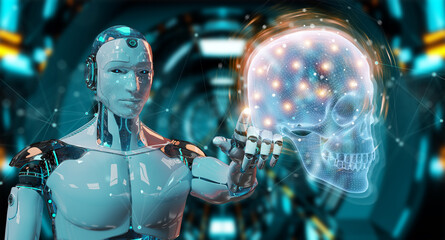 Robot using digital x-ray skull holographic scan projection 3D rendering