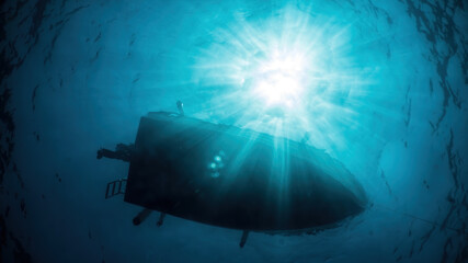 Boat floating on the surface of the sea seen from below with high sunlight
