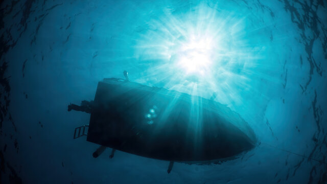 Boat Floating On The Surface Of The Sea Seen From Below With High Sunlight