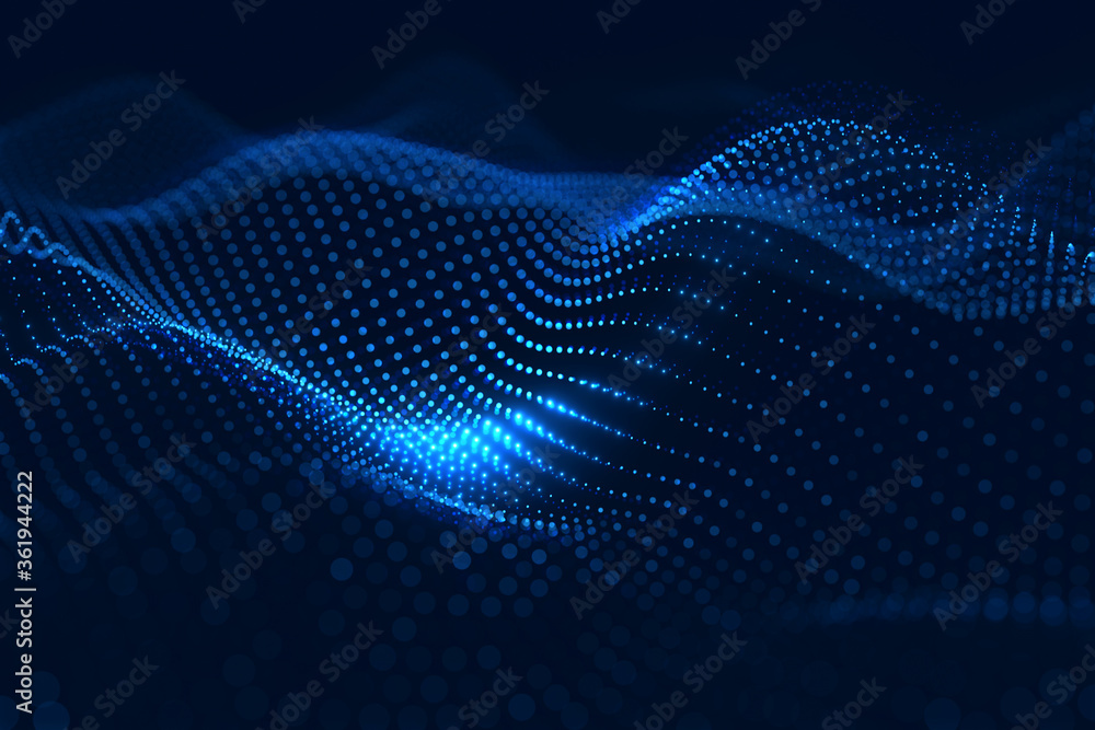 Aufkleber moving neon blue dots pattern forming a digital network connection on dark background