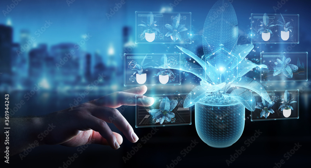 Fototapete man hand holding and touching holographic projection of a plant with digital analysis 3d rendering