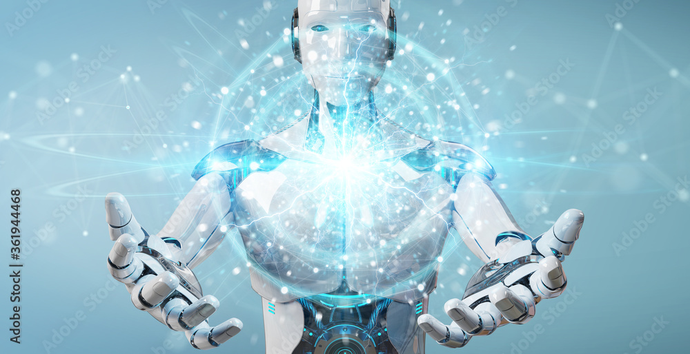 Fototapete white robot creating renewable and sustainable eco energy with electrical sphere 3d rendering