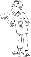Vector illustration of sick and scared man taking a pills.