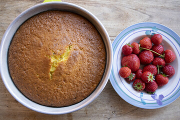 soft sponge cake and fresh strawberries