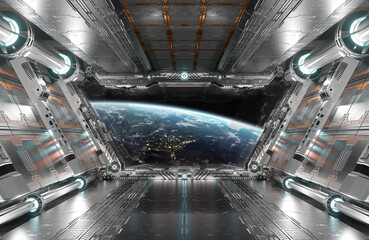 White and silver futuristic spaceship interior with window view on planet Earth 3d rendering © sdecoret