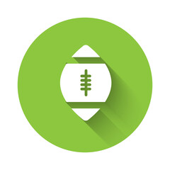 White American Football ball icon isolated with long shadow. Rugby ball icon. Team sport game symbol. Green circle button. Vector Illustration.