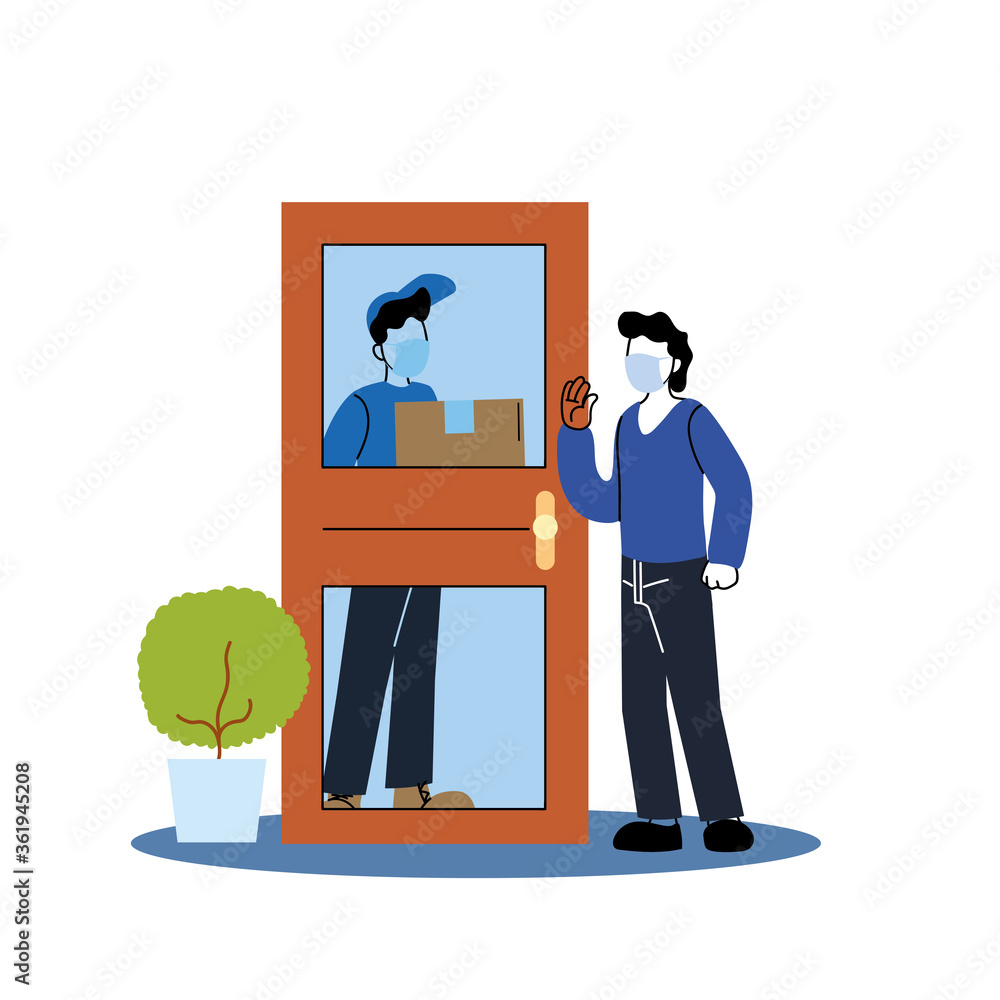 Poster client and delivery man with mask and box behind door vector design