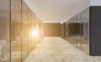 big business lounge. Reception of the director. place of work of employees, wood panels. more windows.. 3D rendering.. Blank paintings.  Mockup.