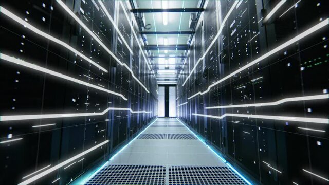 Power Running Through Data Center Server Racks Filling with Gigabyte Cubes of Information. Animated Concept of Visualization and Digitalization of Internet Traffic. Moving Camera Shot