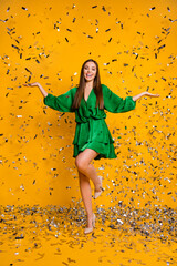 Vertical full length body size view of nice attractive gorgeous charming fascinating cheery straight-haired girl having fun posing isolated bright vivid shine vibrant yellow color background