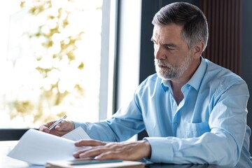 Fototapeta premium Businessman sitting in a business center restaurant, looking through contract.