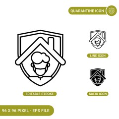 Quarantine icons set vector illustration with solid icon line style. Stay home safe concept. Editable stroke icon on isolated background for web design, infographic and UI mobile app.