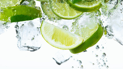 Lime Slices with ice cubes falling deeply under water