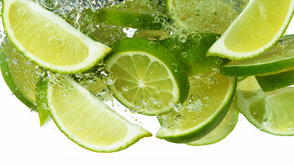 Lime Slices falling deeply under water on white
